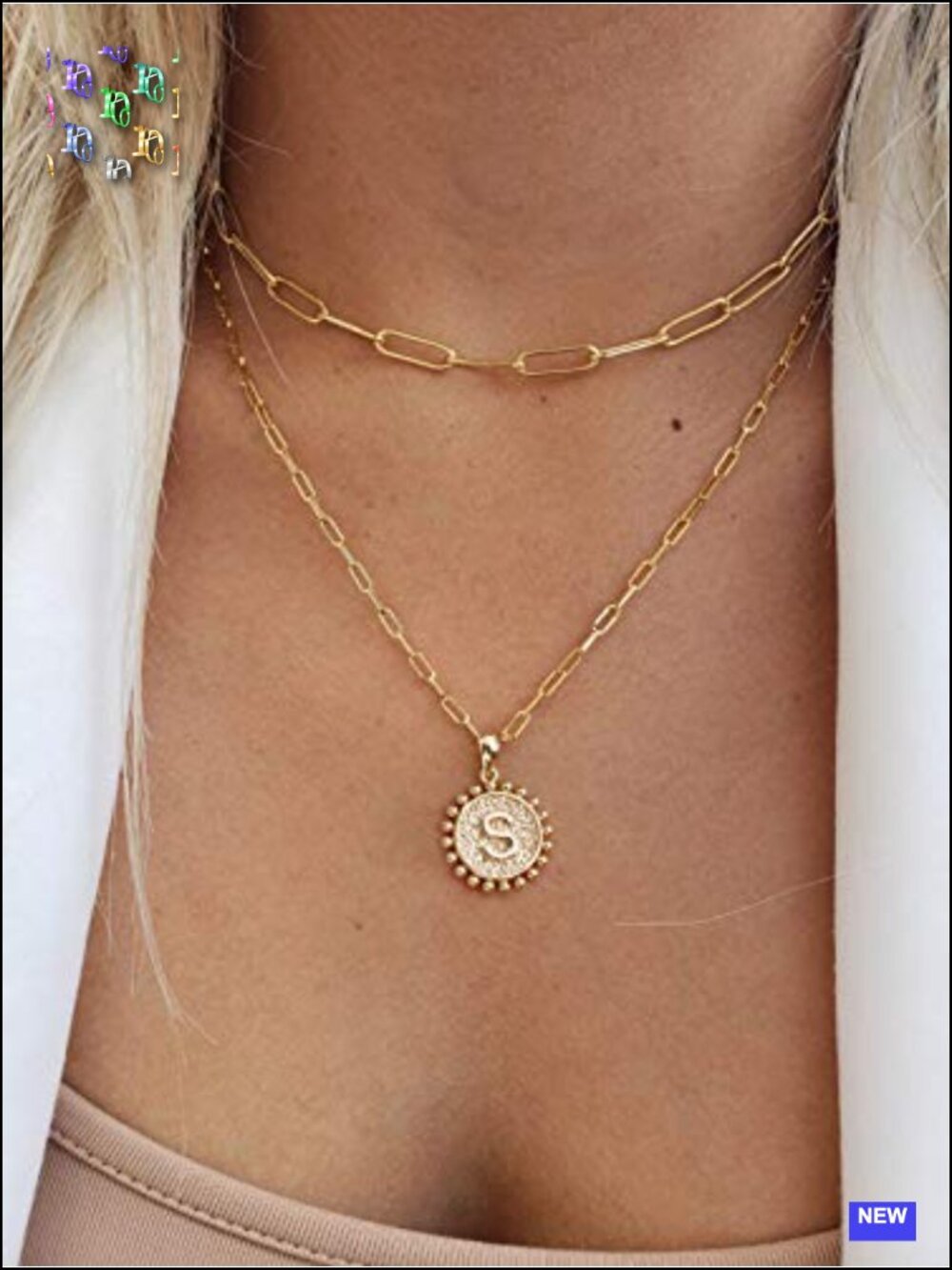 14K Gold-Plated Layered Initial Paperclip Chain Coin Necklace for Women - Picture 3 of 6